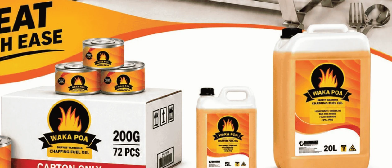 Waka Poa chafing fuel gel tins, 5L and 20L packaging
