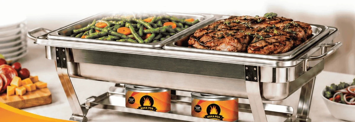 Buffet chafing dish heated with Waka Poa fuel gel